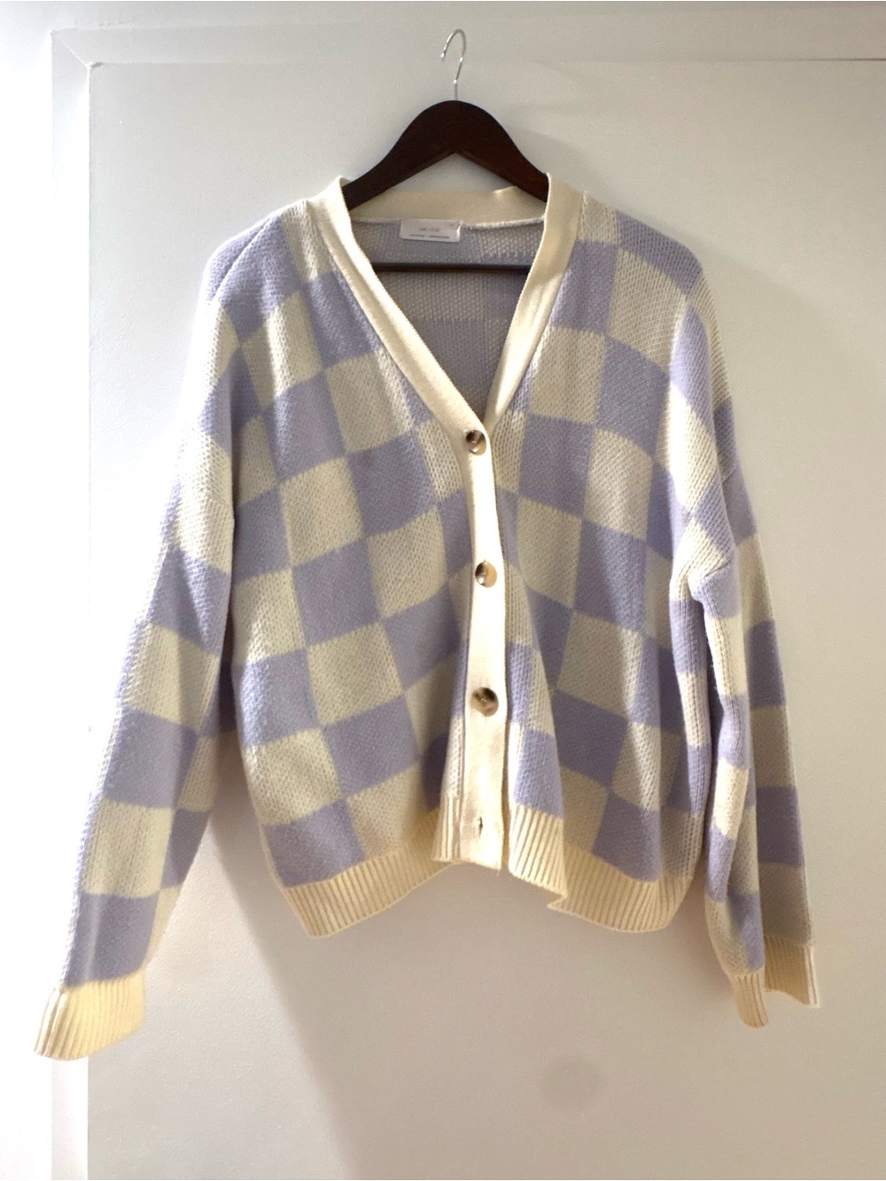 OAK + FORT Pastel Purple & Cream Checkered V-Neck Cardigan